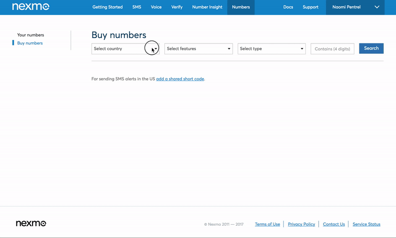 Screen capture of a user buying a number using the Nexmo buy numbers menu. A user selects their country, Voice as the feature, and mobile as the type and clicks on the search button. The user then clicks on buy for the first number that comes up and confirms the purchase.