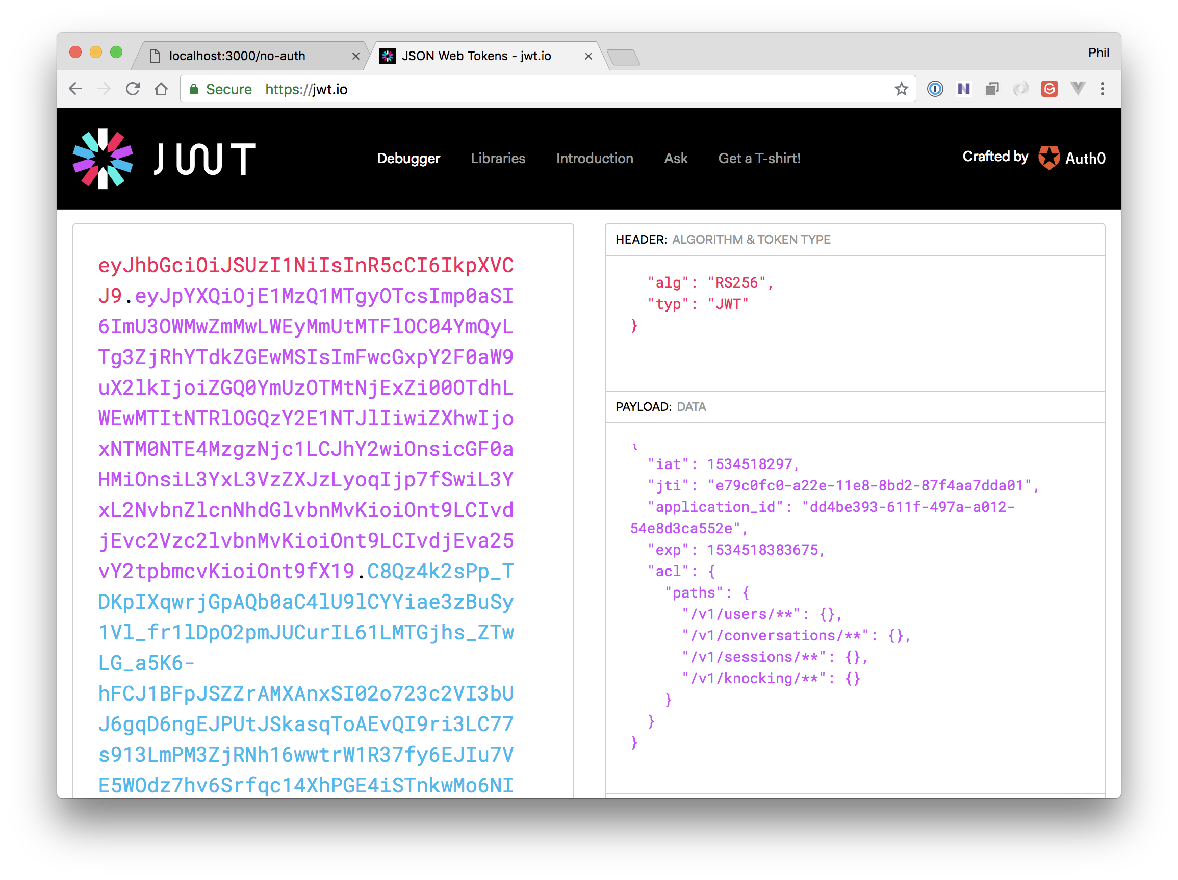 JWT.io debugger with example User JWT