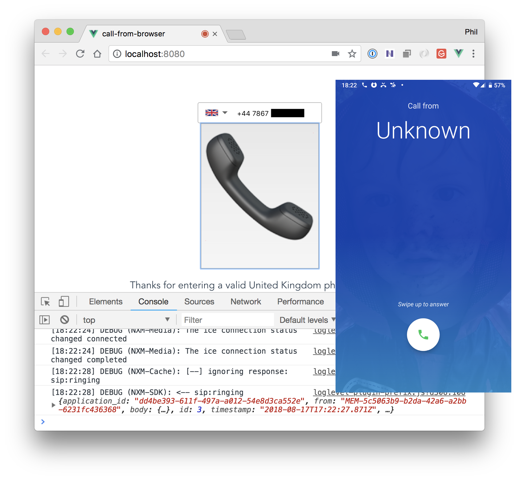 Full Vue.JS Call from Browser application working alongside screenshot of phone ringing
