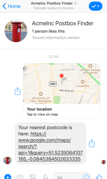 The map link received in Facebook Messenger