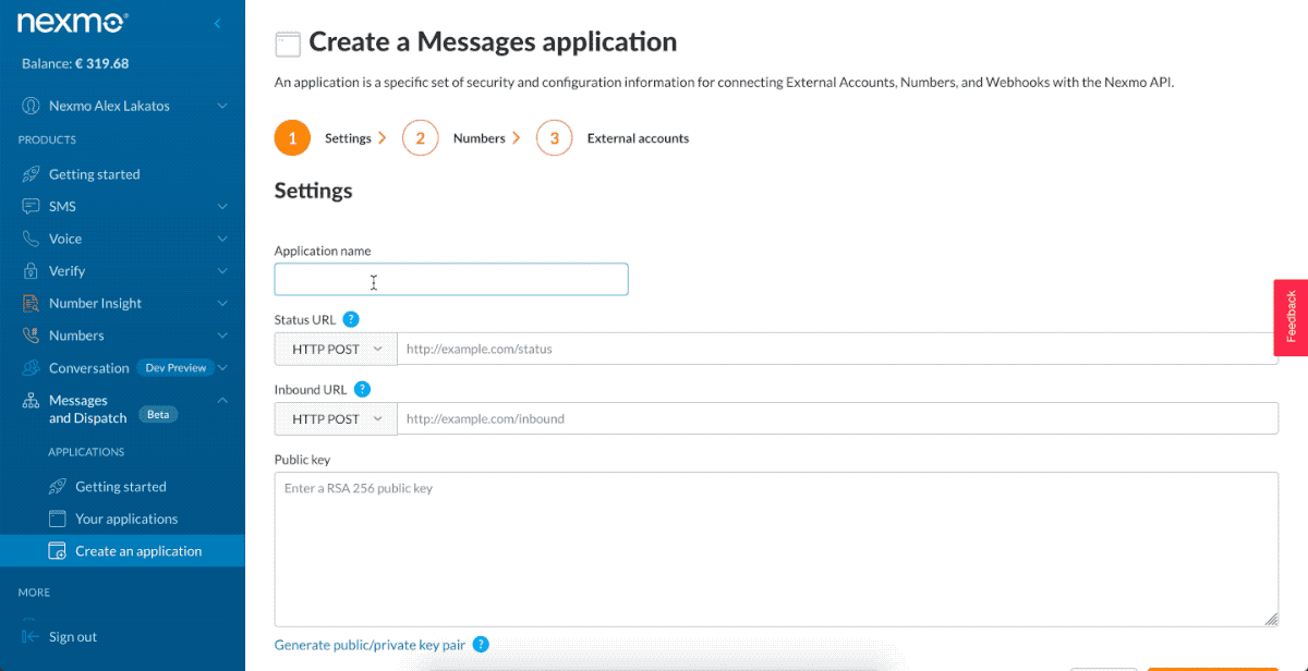 Create Vonage Messages Application