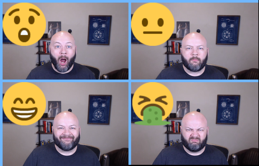 Four video frames of Michael showing different sentiments returned from Azure's Face API