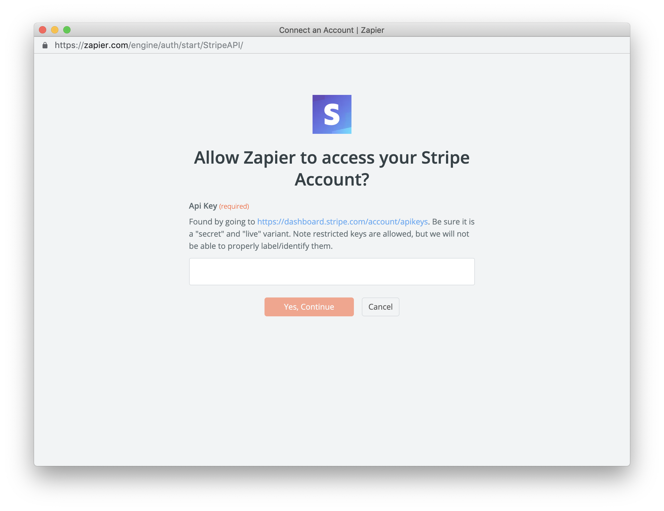 Connect to Stripe account prompt