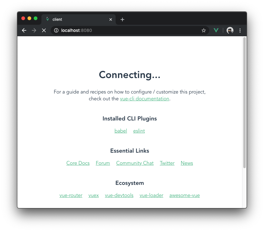 Screenshot of the Vue.js client connecting to the Express.js server