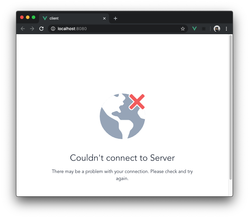Screenshot of the Vue.js client catching a server error