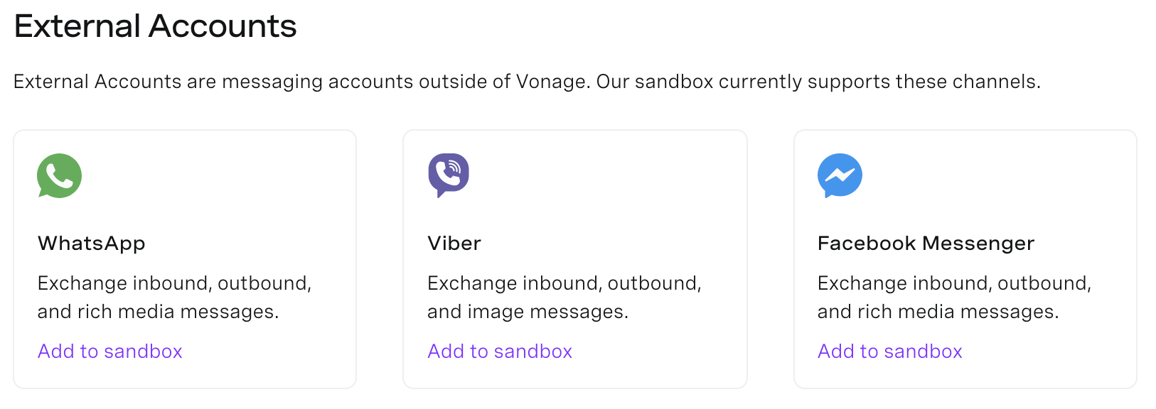 External Accounts view in the Messages API Sandbox