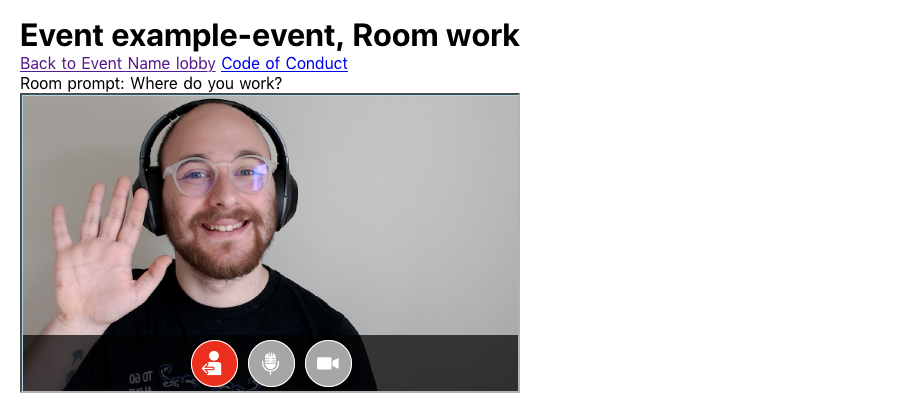 Video call showing links to lobby, code of conduct, and the room's prompt