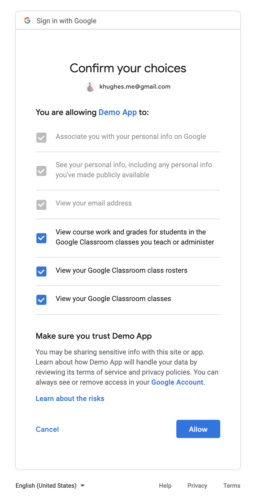 Permissions approval for Google Classroom Reminders application