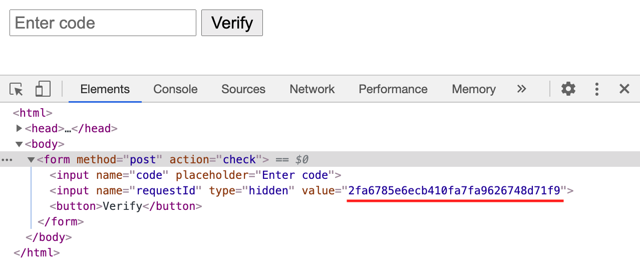 Source code showing the request ID inserted as the value for the hidden input