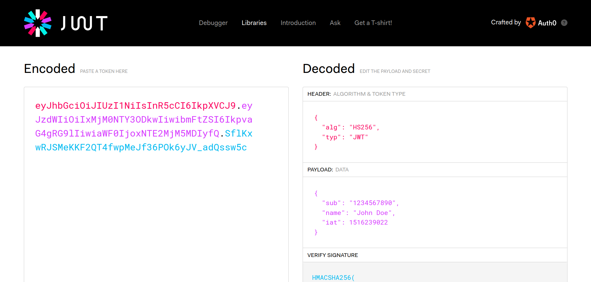 Screenshot of the JWT.io debugger tool, with default values