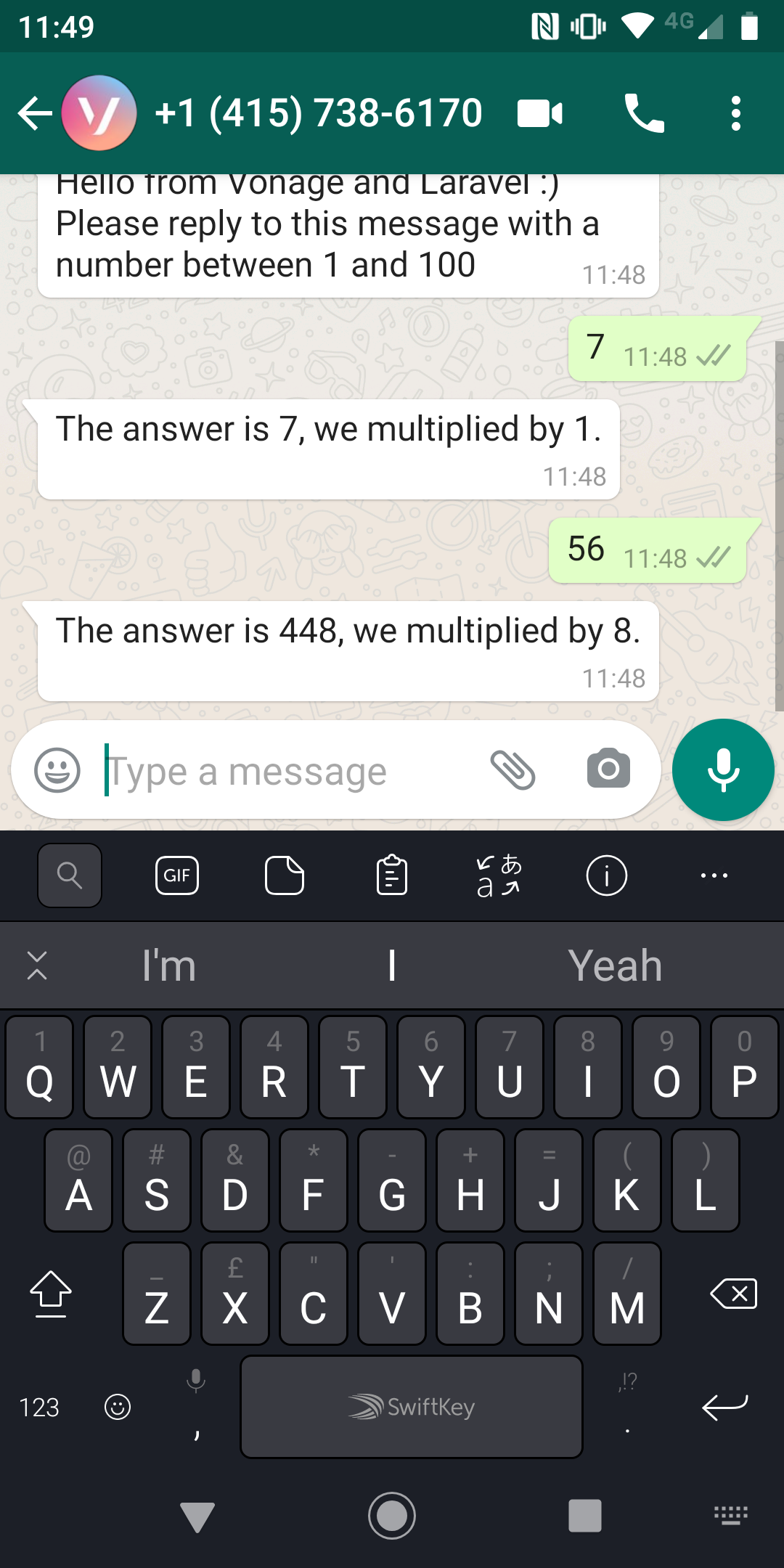 Screenshot of the messages between user and application in whatsapp on a mobile phone