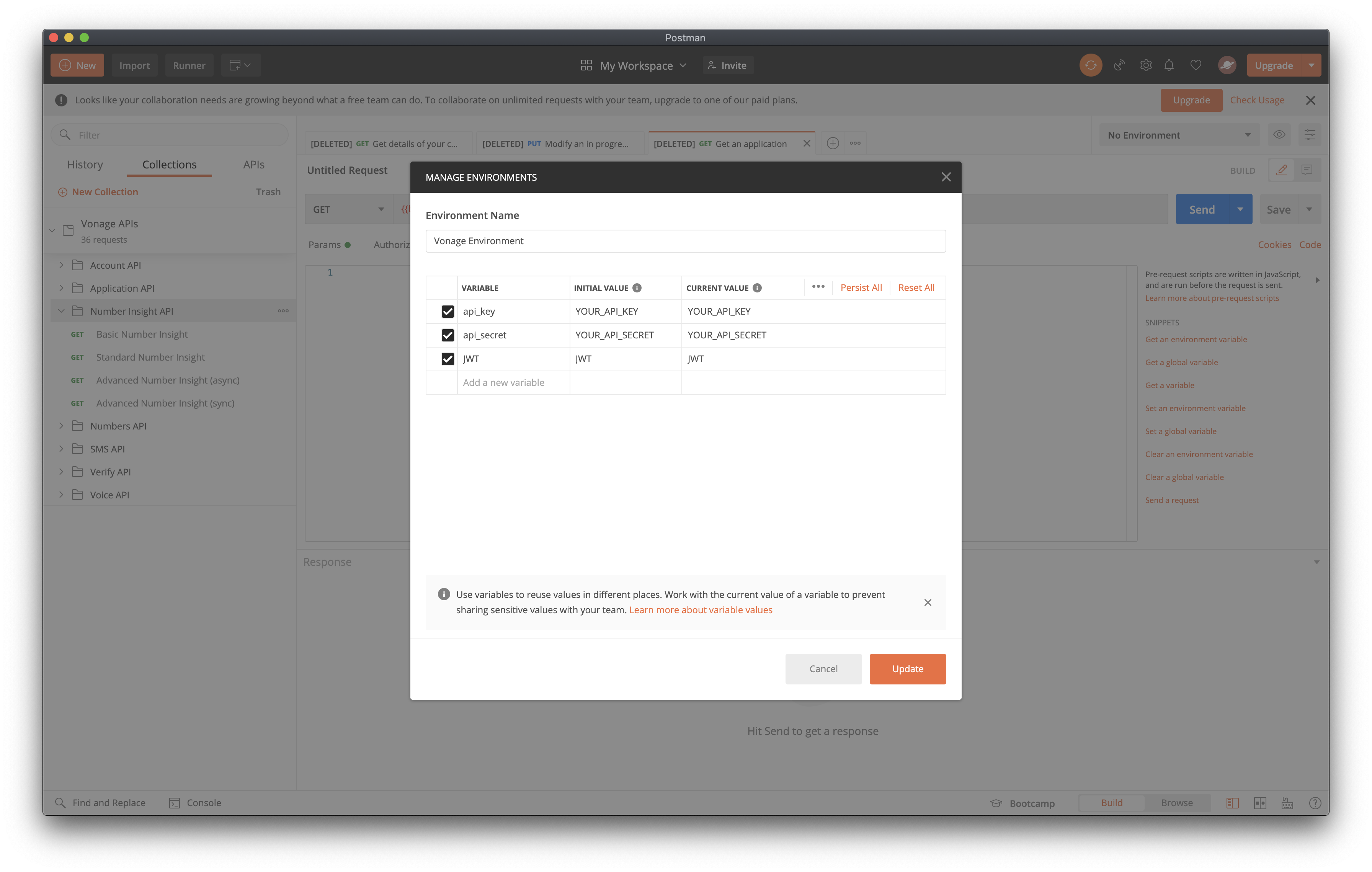Vonage environment variables in Postman Collection