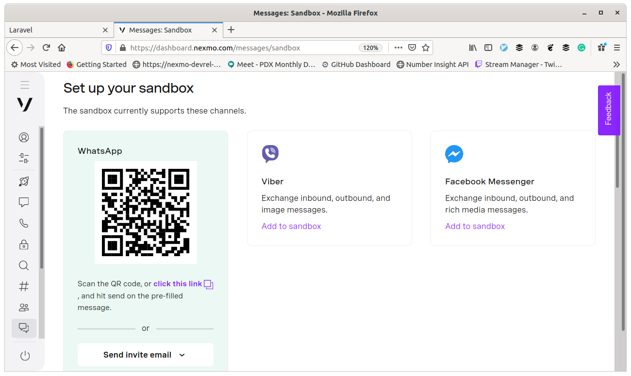 Screenshot of dashboard screen for whitelisting a number to the messages sandbox
