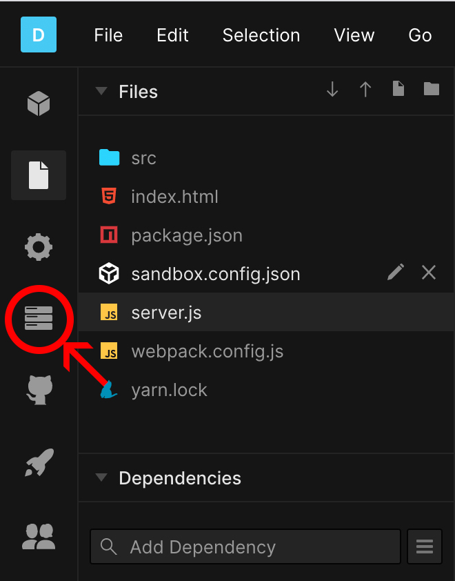 Screen capture of codesandbox.io code editor with the icon for the server control panel circled in red with a red arrow pointing to it.