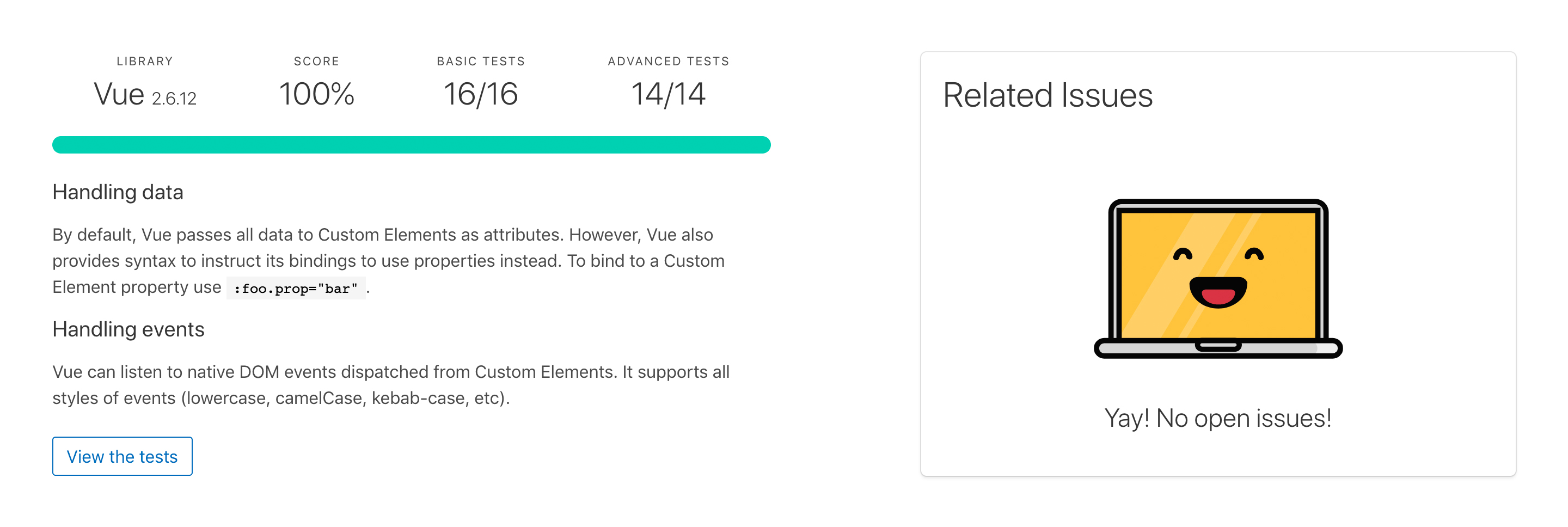 Test results from custom-elements-everywhere.com showing Vue 2.6.12 scored 100%, passed 16/16 Basic tests, and 14/14 advanced tests with an explanation.